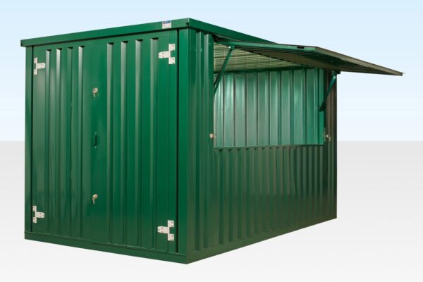 Flacher XL 4m Kiosk (RAL6005) – Grüne, verzinkte, flache, mobile XL 4m Einheit